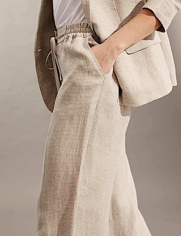 Pure Linen Houndstooth Wide Leg Trousers - AU
