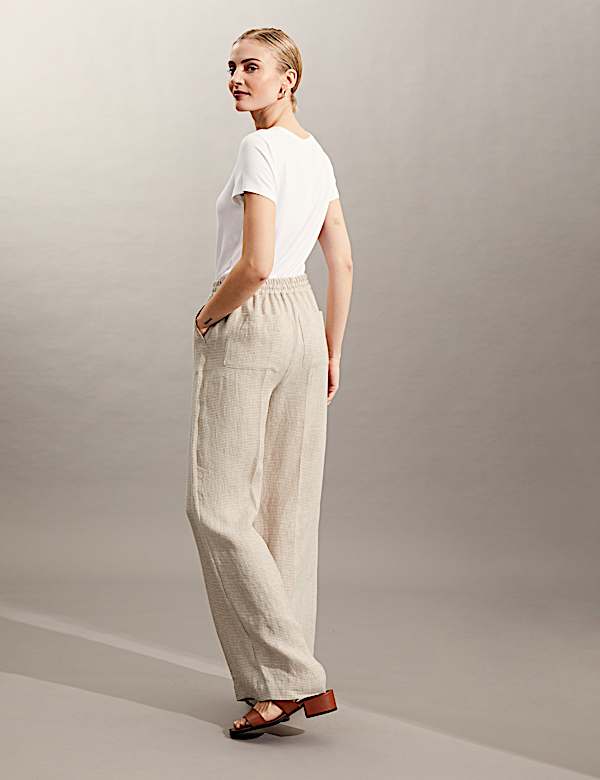 Pure Linen Houndstooth Wide Leg Trousers - AU