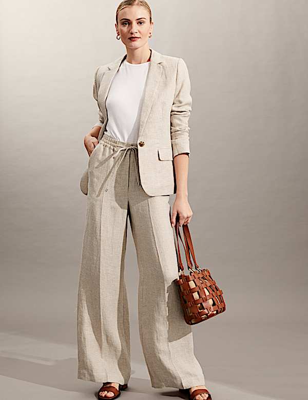 Pure Linen Houndstooth Wide Leg Trousers - AU