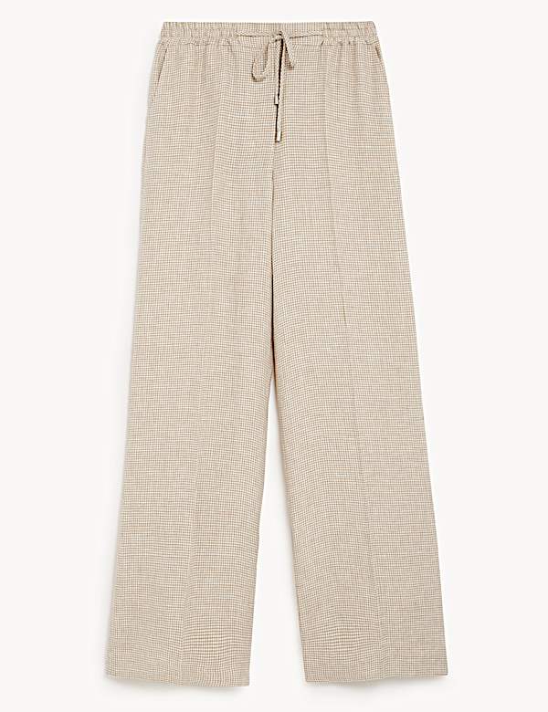 Pure Linen Houndstooth Wide Leg Trousers - AU
