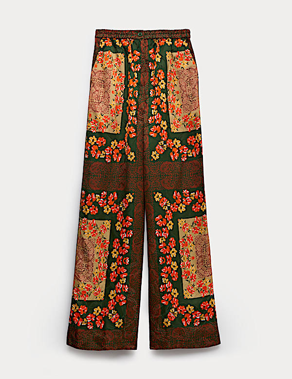 Pantalones de pata ancha con cintura con el&aacute;stico estampado de bufanda - ES