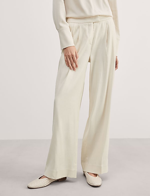 Linen Blend Pleat Front Wide Leg Trousers - NL