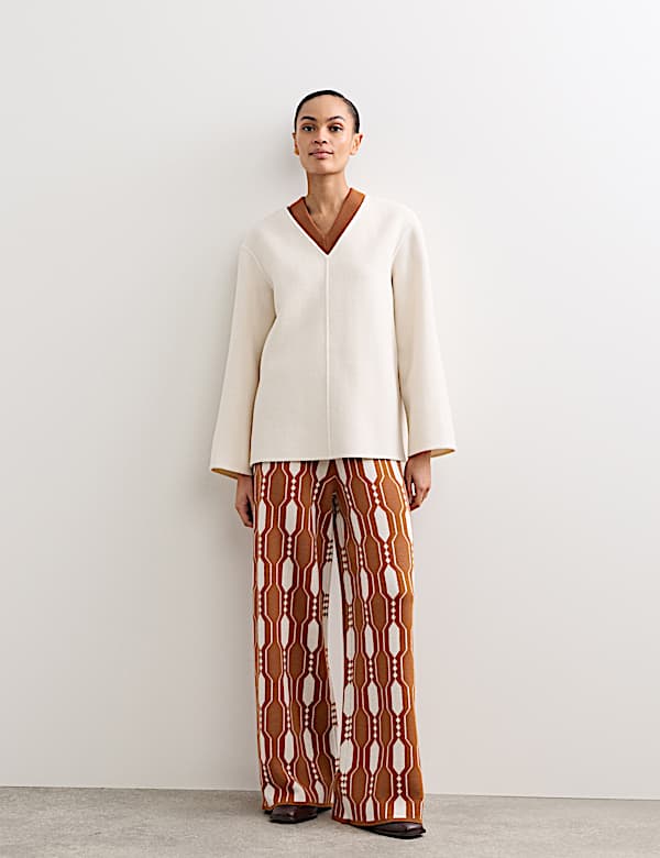 Pure Merino Wool Jacquard Knitted Trousers - ES