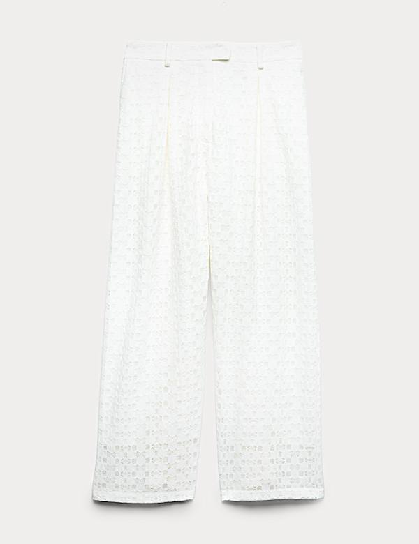 Pantalon jambe droite en coton m&eacute;lang&eacute; et dentelle - BE