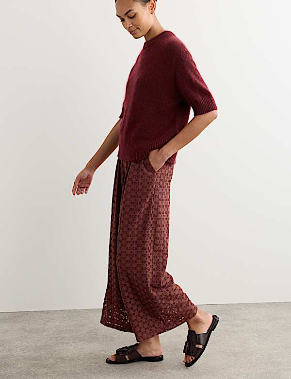 Pantalon jambe droite en coton m&eacute;lang&eacute; et dentelle - FR