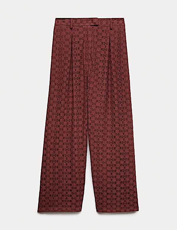 Pantalon jambe droite en coton m&eacute;lang&eacute; et dentelle - FR