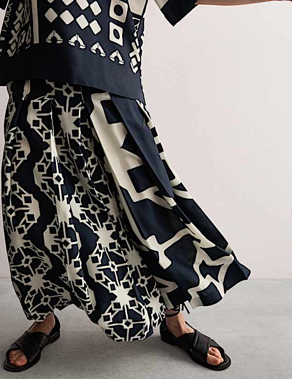 Twill Printed Pleated Wide Leg Culottes - FR