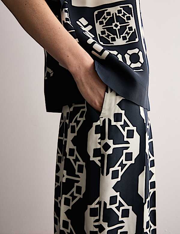 Twill Printed Pleated Wide Leg Culottes - FR