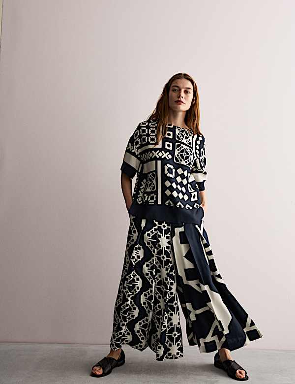 Twill Printed Pleated Wide Leg Culottes - FR