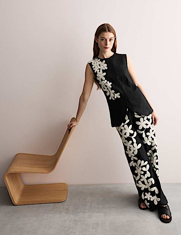 Παντελόνι με φαρδιά μπατζάκια και κέντημα από 100% λινό - GR