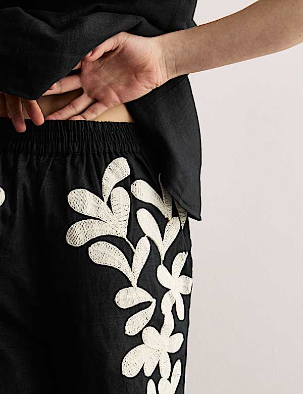 Παντελόνι με φαρδιά μπατζάκια και κέντημα από 100% λινό - GR