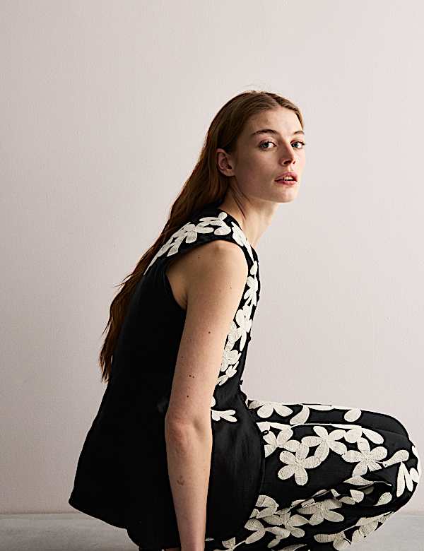 Παντελόνι με φαρδιά μπατζάκια και κέντημα από 100% λινό - GR