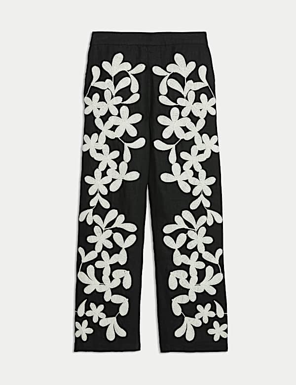 Παντελόνι με φαρδιά μπατζάκια και κέντημα από 100% λινό - GR