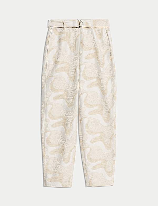 Cotton Rich Jacquard Belted Tapered Trousers - GR