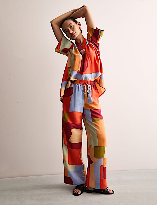 Linen Rich Printed Wide Leg Trousers - ES
