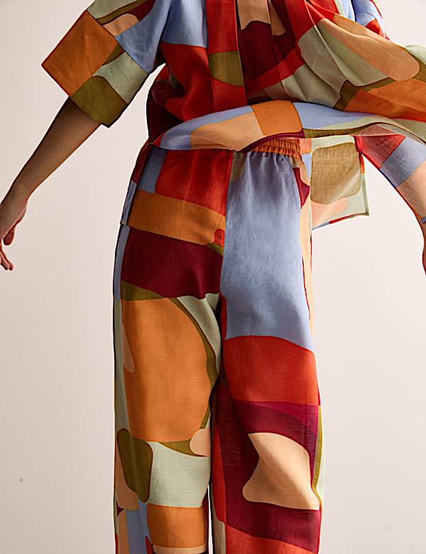 Linen Rich Printed Wide Leg Trousers - ES