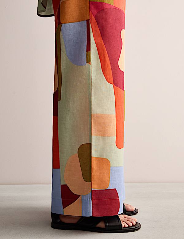 Linen Rich Printed Wide Leg Trousers - ES