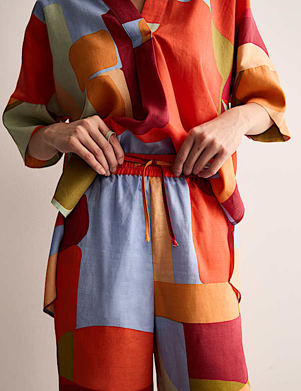 Linen Rich Printed Wide Leg Trousers - ES