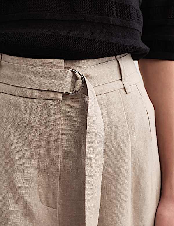 Pantalon coupe barrel 100 % lin &agrave; ceinture - FR