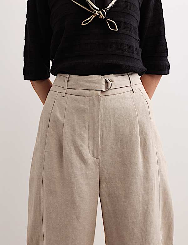 Pantalon coupe barrel 100 % lin &agrave; ceinture - FR