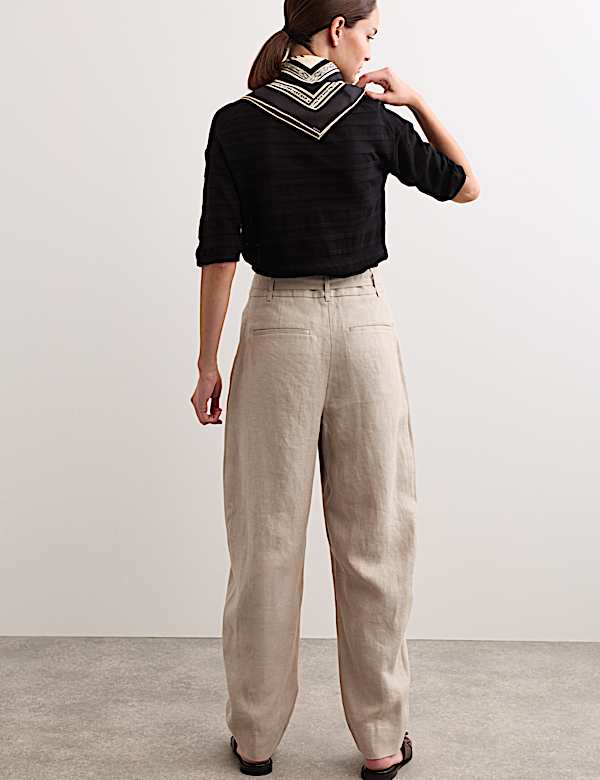 Pantalon coupe barrel 100 % lin &agrave; ceinture - FR