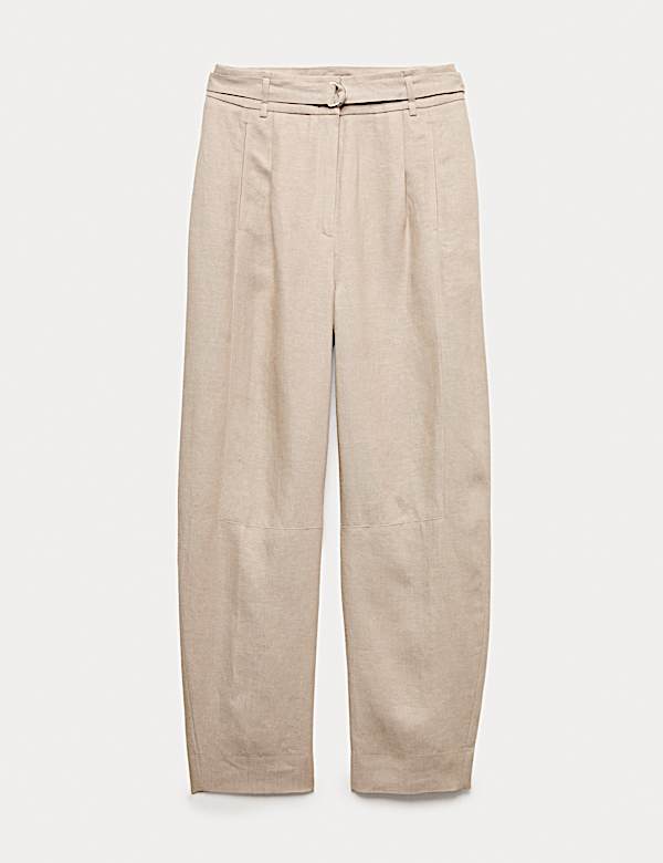 Pantalon coupe barrel 100 % lin &agrave; ceinture - FR