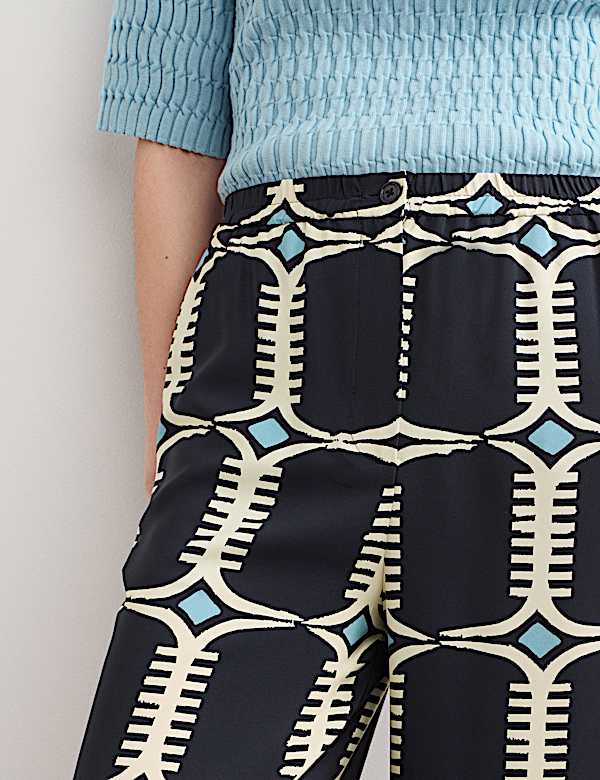 Pure Silk Geometric Print Wide Leg Trousers - NL