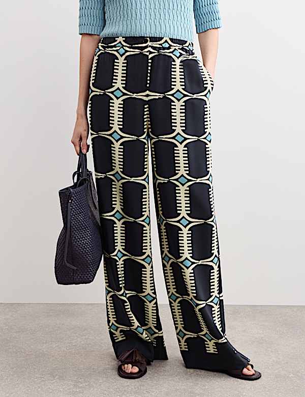 Pure Silk Geometric Print Wide Leg Trousers - NL