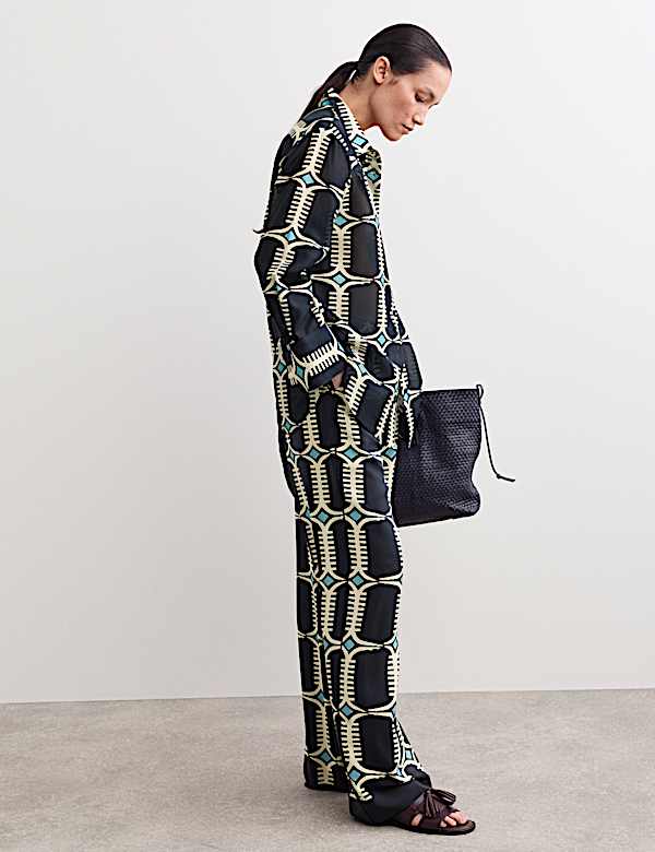 Pure Silk Geometric Print Wide Leg Trousers - NL