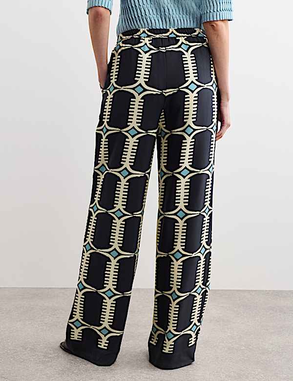 Pure Silk Geometric Print Wide Leg Trousers - NL