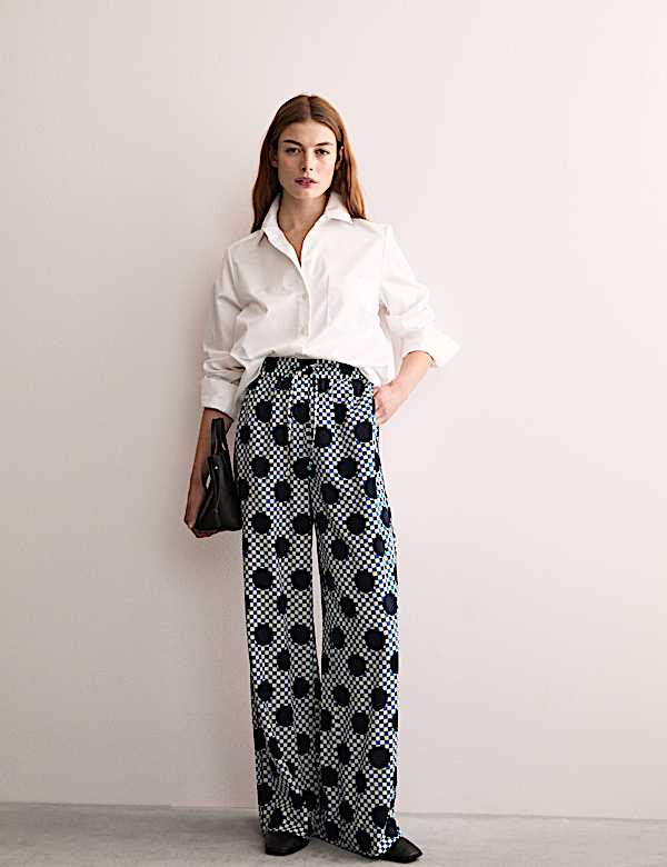 Broek van katoenmix met wijde pijpen en Ginham-stippen - NL