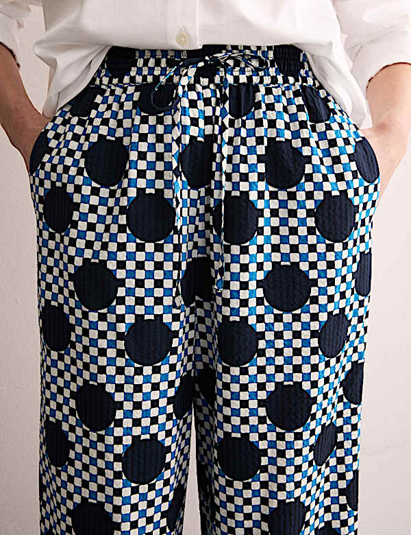 Broek van katoenmix met wijde pijpen en Ginham-stippen - NL