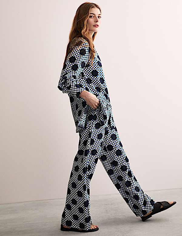 Broek van katoenmix met wijde pijpen en Ginham-stippen - NL