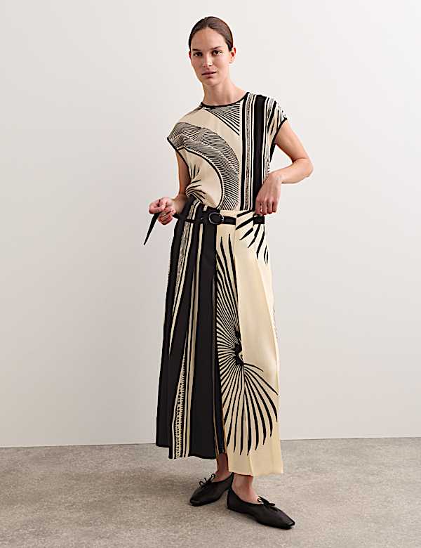 Fan Print Belted Wide Leg Culottes - BE