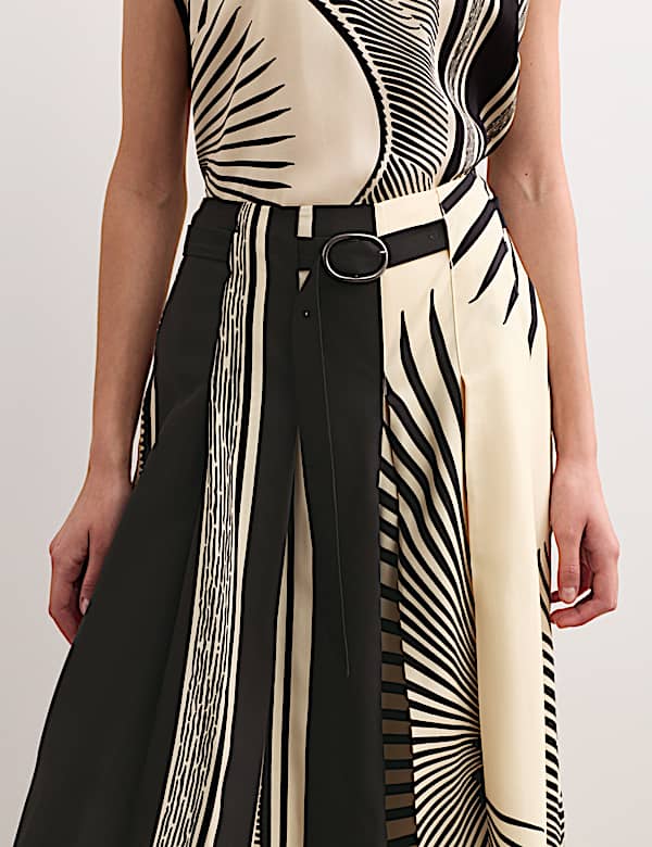 Fan Print Belted Wide Leg Culottes - BE