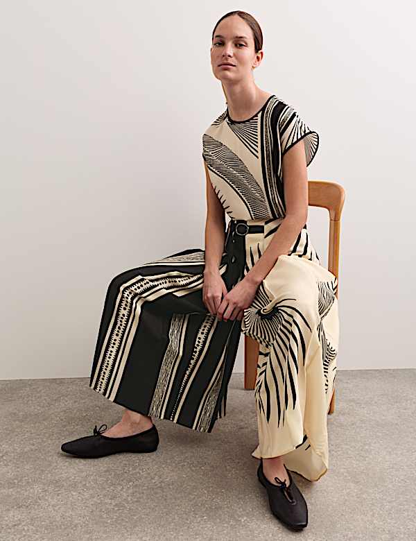 Fan Print Belted Wide Leg Culottes - BE