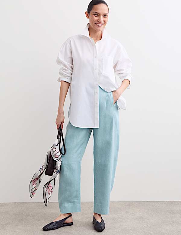 Pure Linen Belted Barrel Leg Trousers - IT