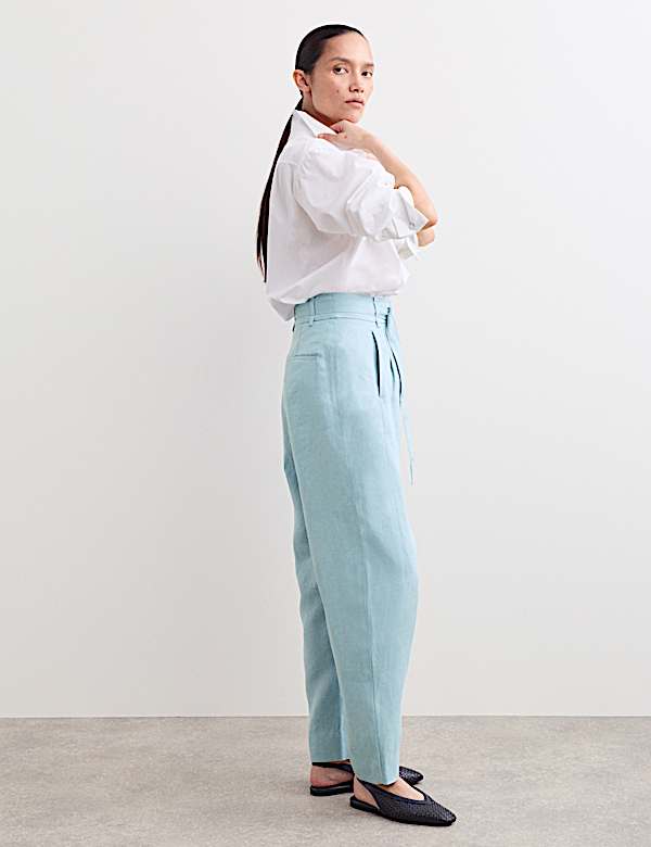 Pure Linen Belted Barrel Leg Trousers - IT