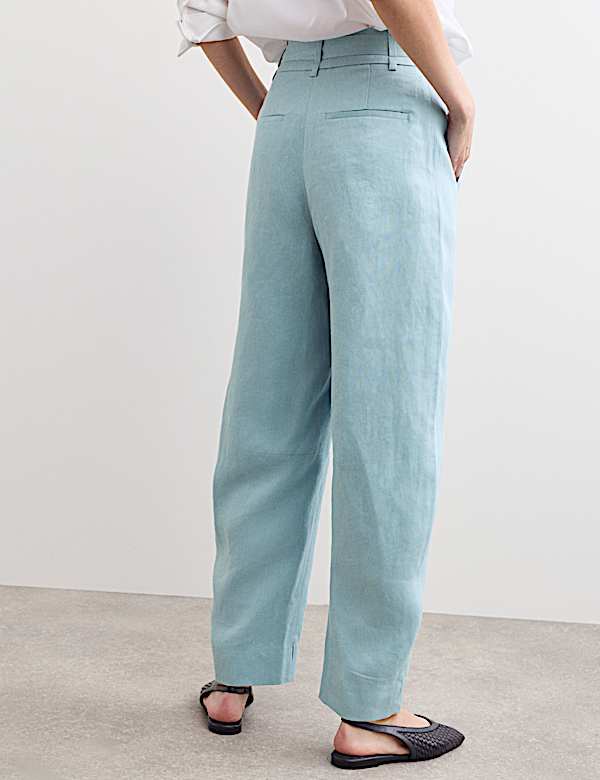 Pure Linen Belted Barrel Leg Trousers - IT