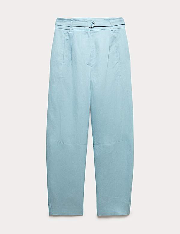 Pure Linen Belted Barrel Leg Trousers - IT