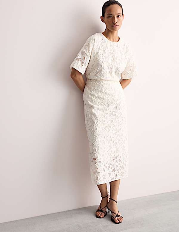 Cotton Rich Organza Jacquard Midi Column Skirt - ES