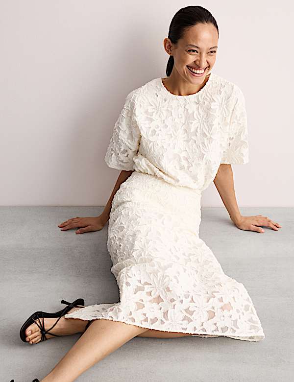 Cotton Rich Organza Jacquard Midi Column Skirt - ES