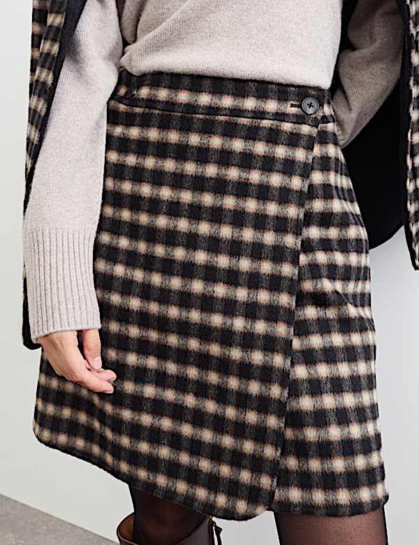 Double Faced Wool Checked Knee Length Wrap Skirt - NZ