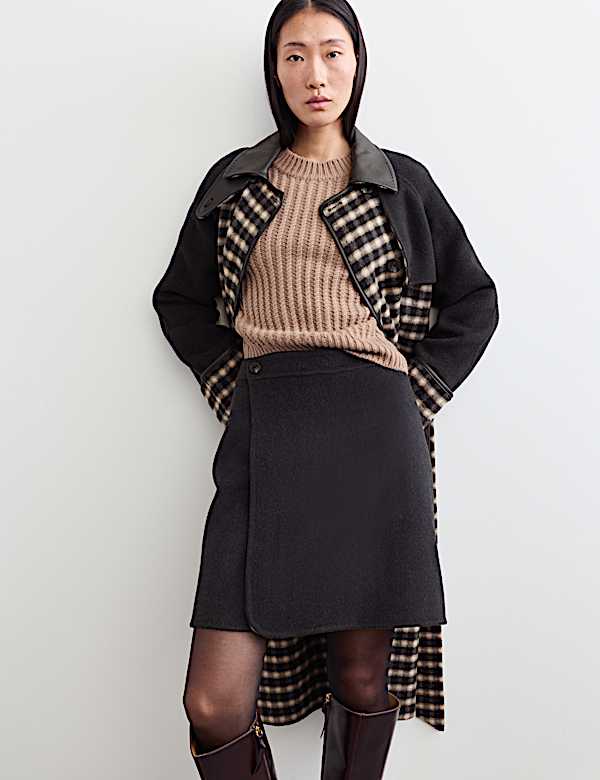 Double Faced Wool Checked Knee Length Wrap Skirt - NZ