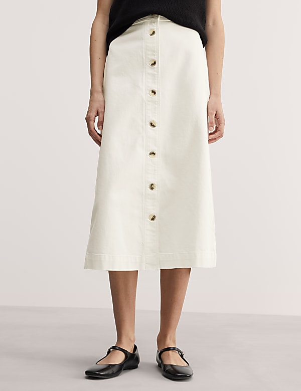 Jupe midi coupe &eacute;vas&eacute;e en jean &agrave; fermeture avant boutonn&eacute;e - BE