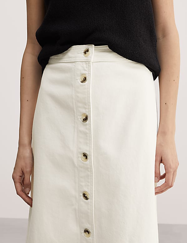 Jupe midi coupe &eacute;vas&eacute;e en jean &agrave; fermeture avant boutonn&eacute;e - BE