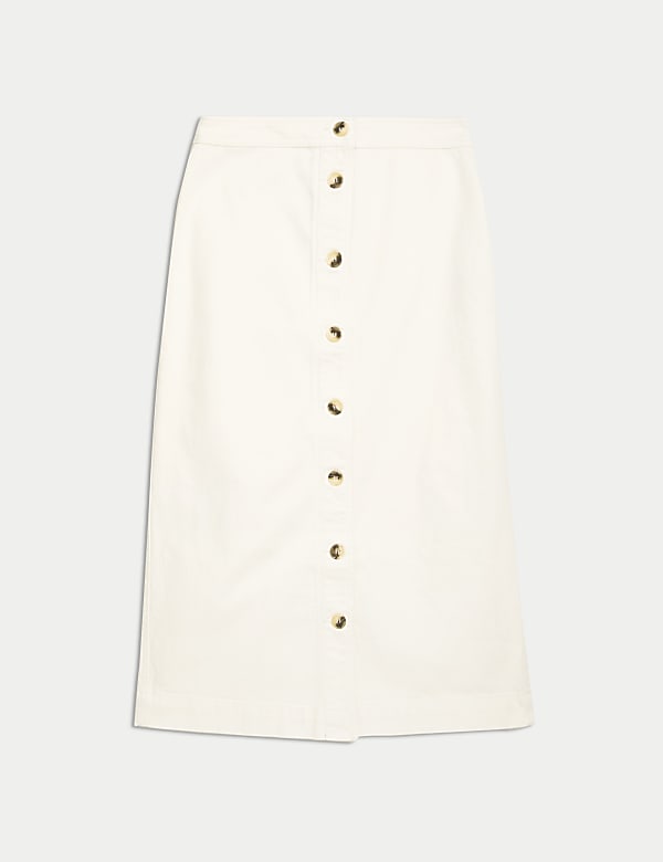 Jupe midi coupe &eacute;vas&eacute;e en jean &agrave; fermeture avant boutonn&eacute;e - BE