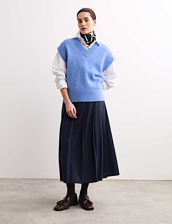 Pleated Midi Tailored Skirt with Wool - NZ