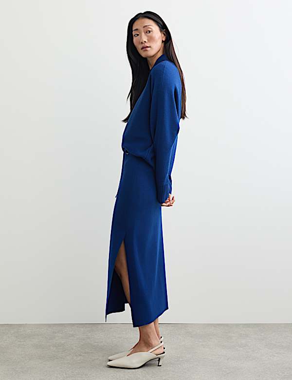 Jupe midi coupe droite en maille 100 % laine m&eacute;rinos - CA