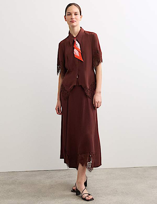 Lace Insert Midi Slip Skirt - ES